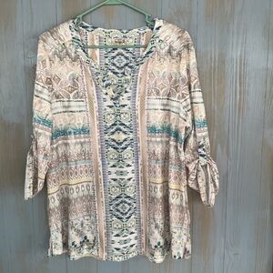 ONE WORLD BOHO TUNIC BLOUSE TOP SILKY WITH TAB 3/4 SLEEVES SZ XL
